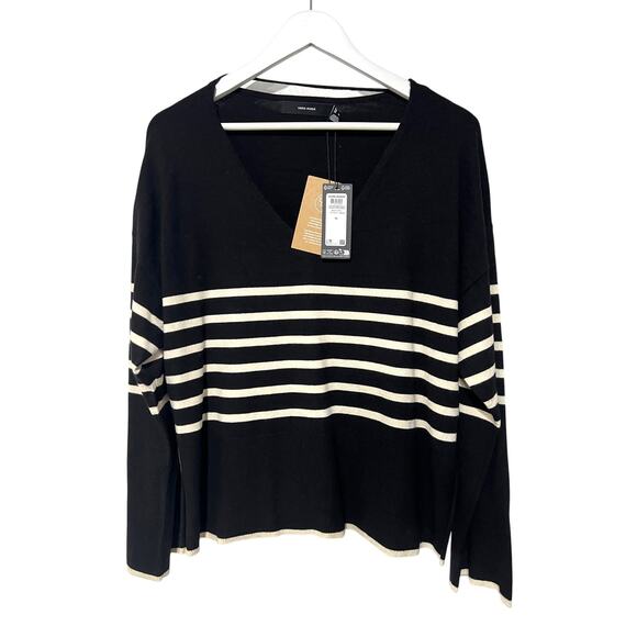 Vero Moda Happiness Black Cream Striped Fine Knit Pullover Sweater Women XLarge - Picture 2 of 12